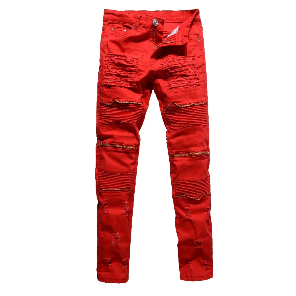 Wholesale- Men's fashion red white black holes ripped pleated biker jeans moto Casual slim stretch Knee zipper destroy denim pants trousers