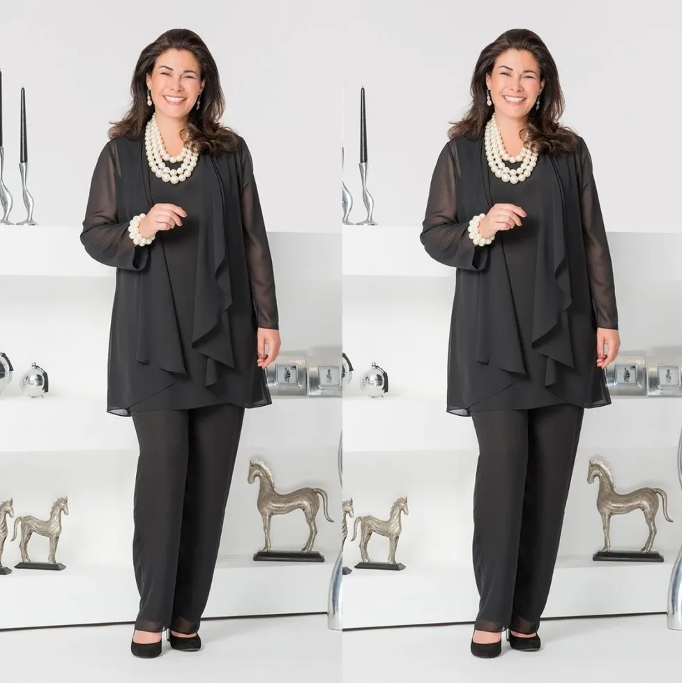 Elegant Black Mother of the Bride Pant Suits 2024 Scoop Neck Chiffon Wedding Guest Dress 3 Pieces