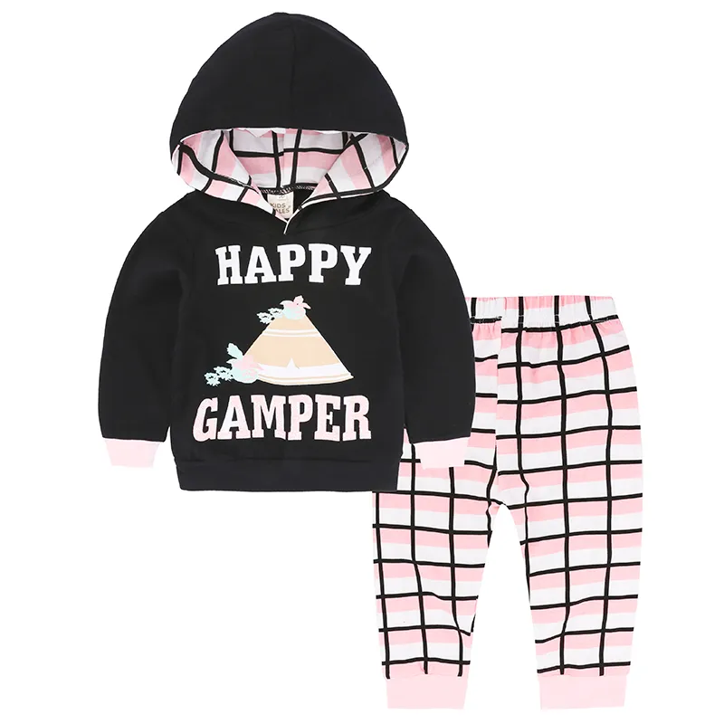 Venda quente Roupas de Bebê Conjunto de Algodão Com Capuz Tops + Grade Calças de Duas Peças Meninos Outfits Crianças Meninos Conjuntos de Roupas de Bebê Menino Treino Meninos Roupas