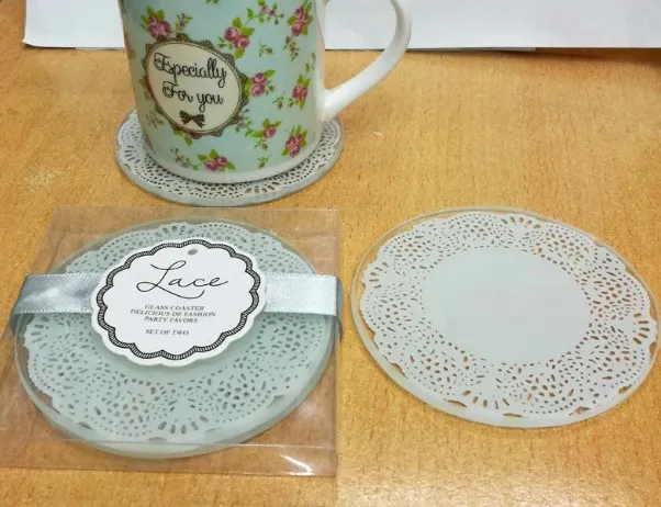 New Arrival Glass Coasters in Lace Design Wedding Gifts Glass Cup in one package wedding souvenir Party Favor