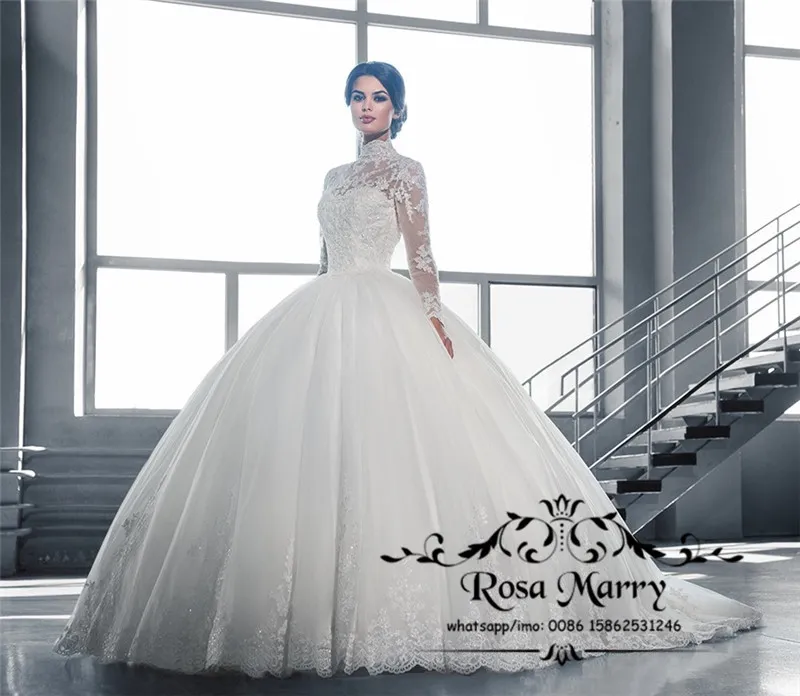 Prinsessan Islamic Ball Gown Lace Bröllopsklänningar 2020 High Neck Långärmade Victorian Plus Storlek Tulle Muslim Turkiska Arabiska Vestido de Novia