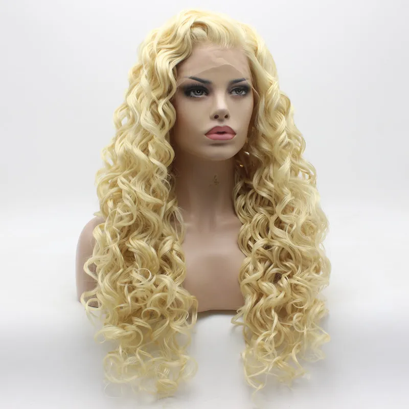 Iwona hår lockigt långt ljus blont peruk 18 # 613 Halvhandsbundet värmebeständigt syntetisk spetsfront peruk