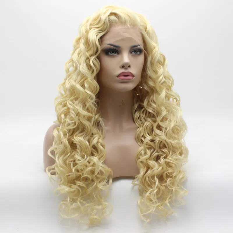 Iwona Cabelo Encaracolado Longo Luz Loira Peruca 18 # 613 Metade Mão Amarrada Resistente Ao Calor Peruca Dianteira Do Laço Sintético