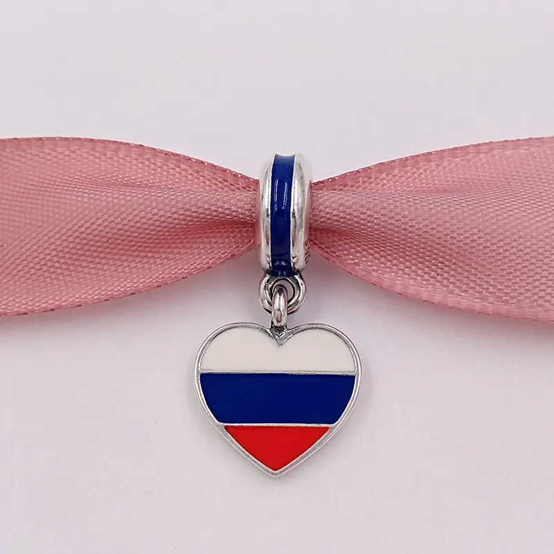 Andy Jewel 925 Beads de plata esterlina Bandera de corazón Rusia Blue Blue Red Enamel Fits Se adapta al collar de joyas de estilo europeo de pandora