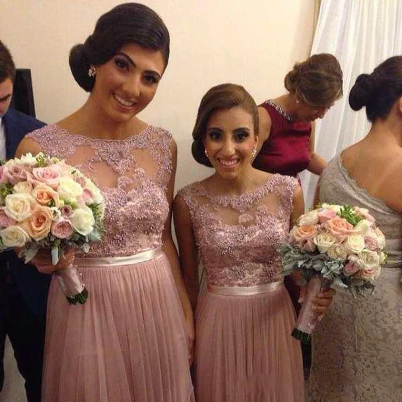 2017 Populaire bruidsmeisje jurken met pure nek appliques parels chiffon huid roze plus size prom feestjurk meid van eer