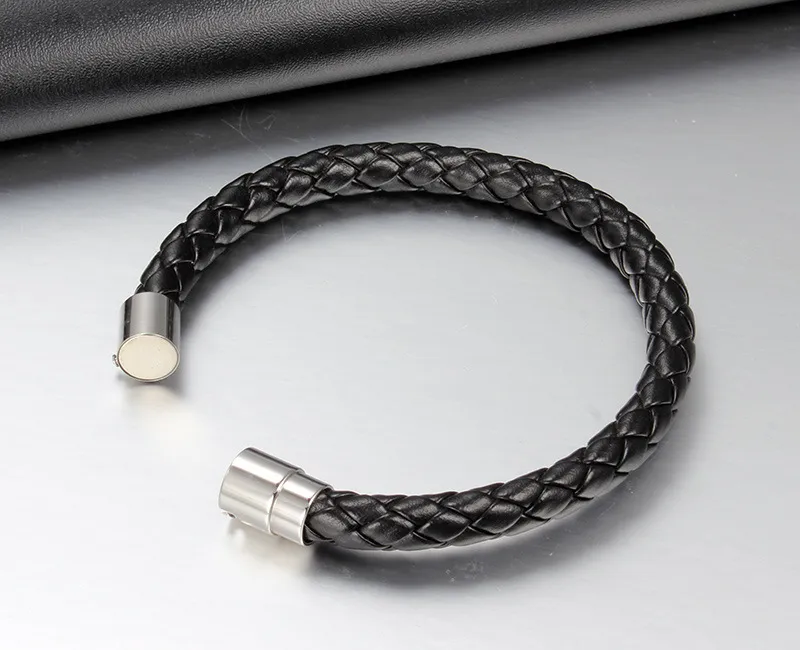 Pulseira de aço inoxidável masculina, pulseira de couro com cordão, cor preta, pulseira de couro para homens, corda, joias258b