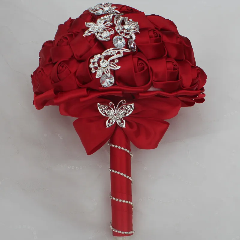 Rotes Seidenband, Schmetterling, Hochzeit, Brautsträuße, künstliche Blumen, Perlen, Strasssteine, süße 15 Quinceanera-Sträuße W2216-A2618