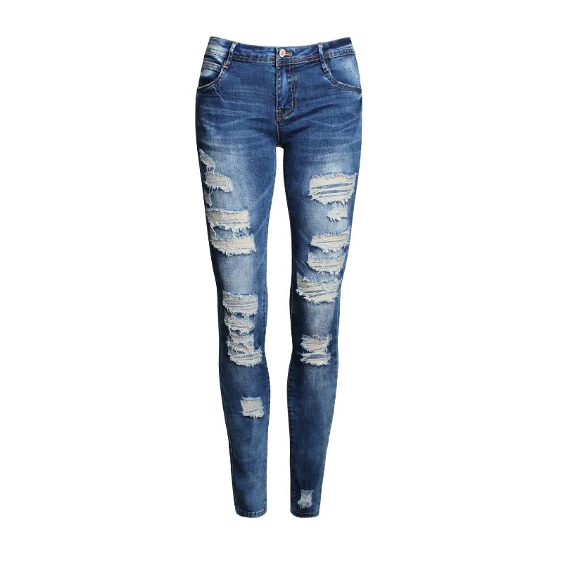 Partihandel-pojkvän jeans kvinnor penna byxor byxor damer avslappnad stretch skinny jeans kvinnliga mitten midja elastiska hål byxa mode 2016