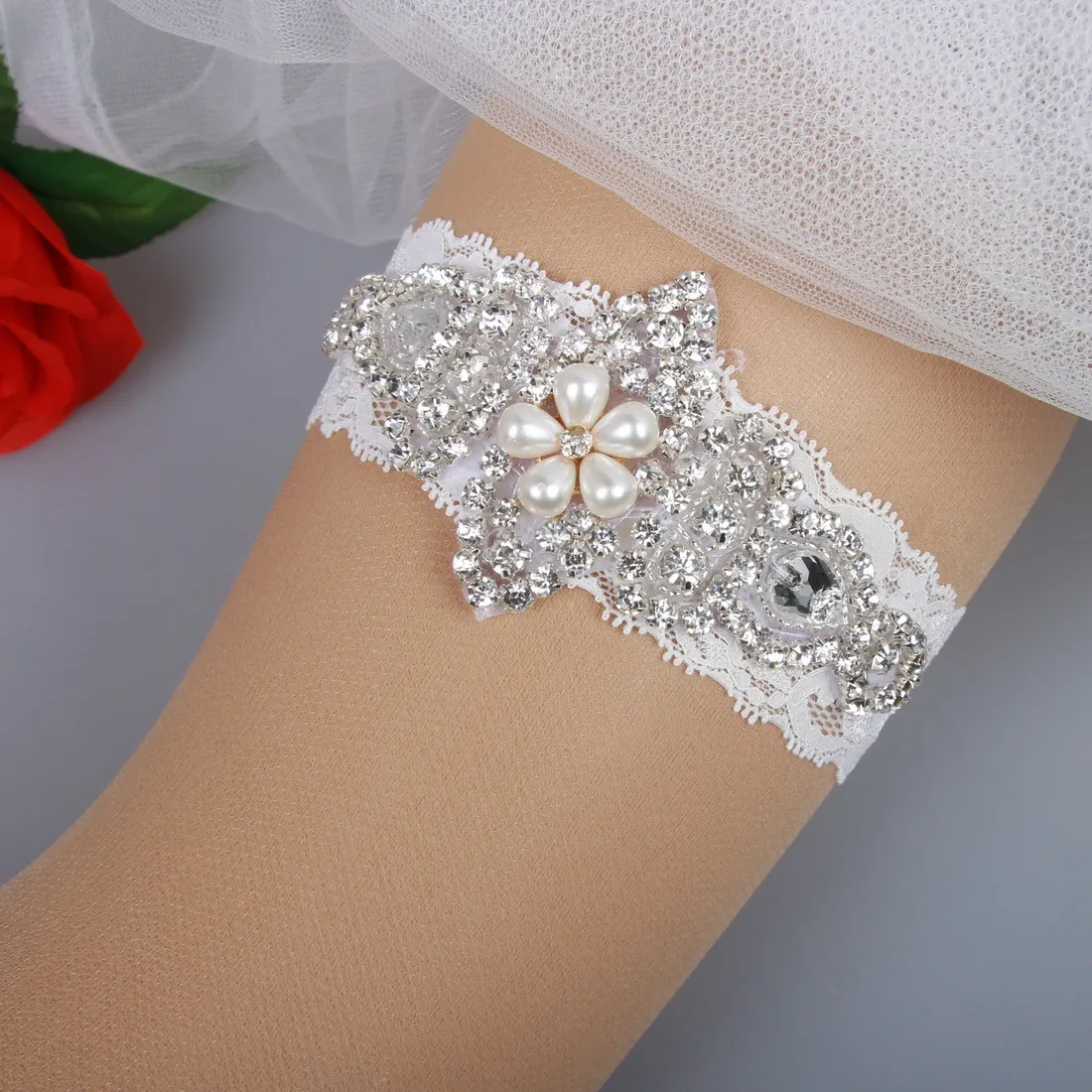 Bridal Garters spetsar Rhinestones Pearls Beads Vintage Prom Homecoming Wedding strumpor Set Bridal Leg streckbälte Set Plus Size335U