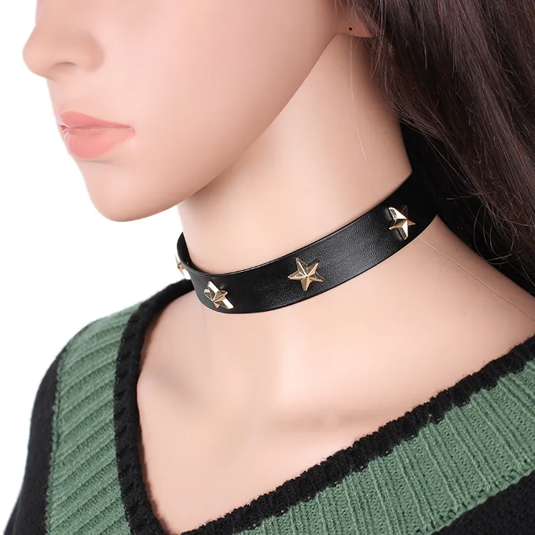 2017 yeni Gerdanlık Perçinler İmitasyon deri pentagonal gotik kolyeler Chokers kristal gerdanlık taklidi 5 stilleri fabrika fiyat