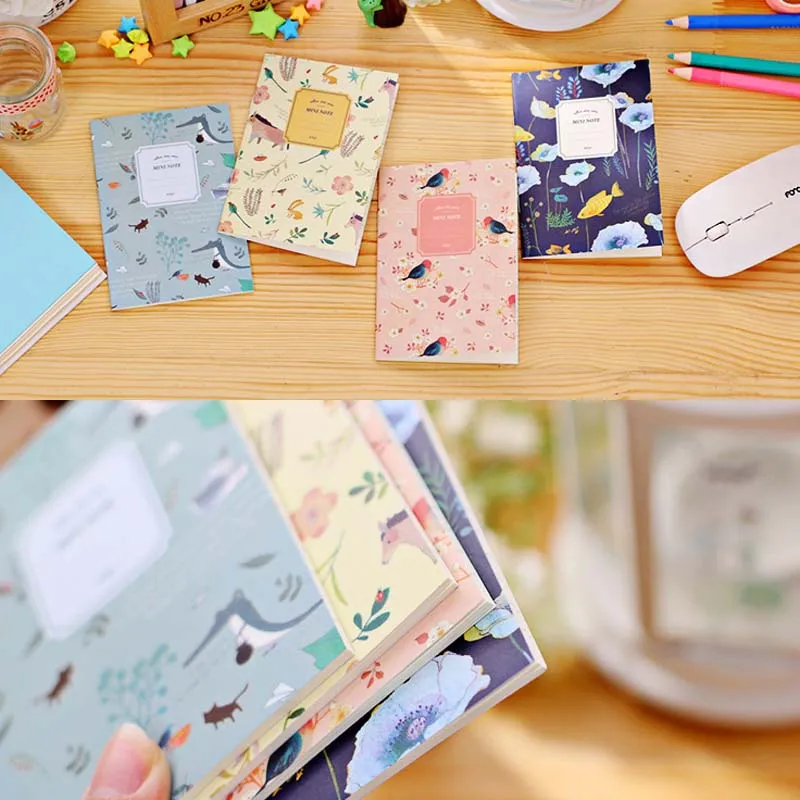 4 sztuk / zestaw Kawaii Cute Flowers Ptaki Zwierząt Notebook Paint of Diary Book Journal Record Office School Supplies