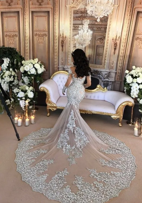 Sexy Mermaid Wedding Dress Long Sleeves Sheer High Neck See Through Luxury Beads Pearls Crystals Lace Appliques Bridal Gowns Long Train