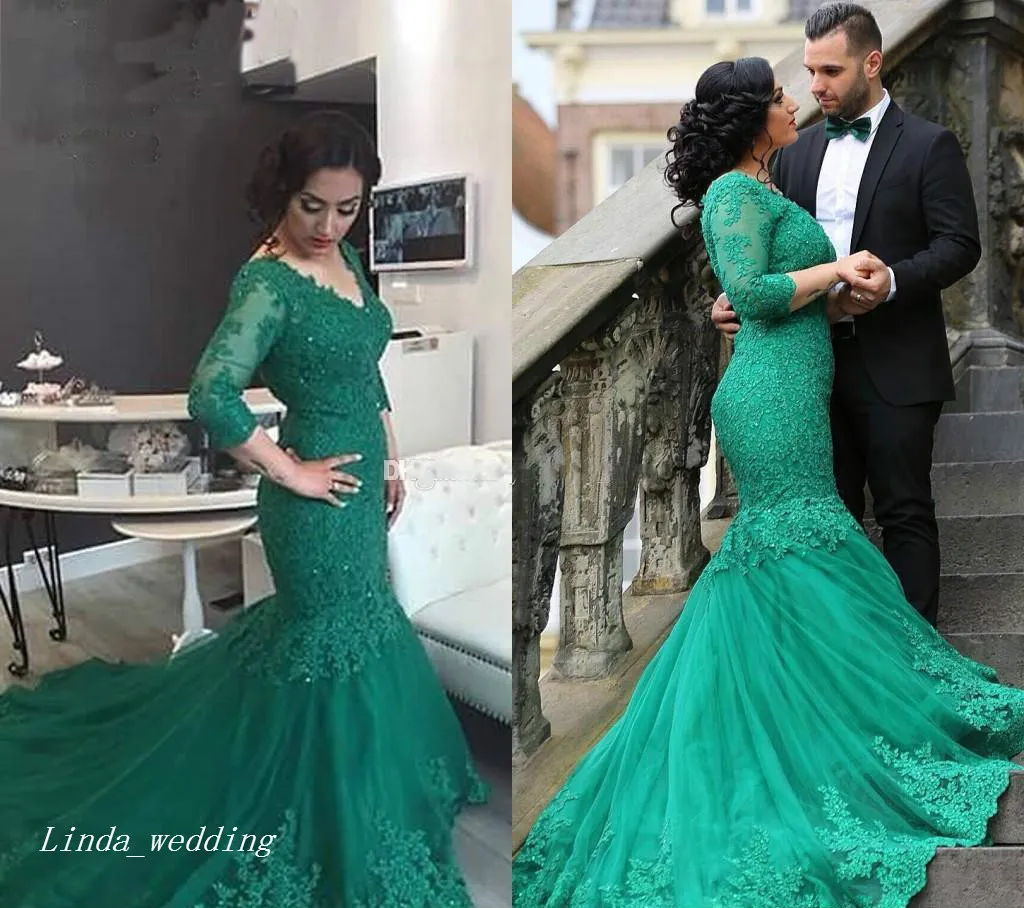 New Arrival Green Colour Evening Dress Arabic Dubai Mermaid V Neck Floor Length Long Sleeves Mother's Dress Party Gown Plus Size