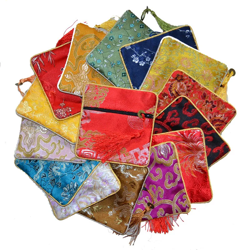 Billiga Small Zipper Craft Bag Coin Purse Tassel Kinesisk Silk Brocade Smycken Armband Bangle Förvaring Påse Presentförpackning 5PCS / Lot