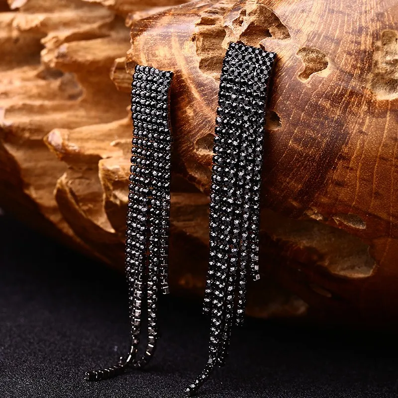Zwart Volledige Strass Vintage Tassel Oorbellen Drop Earring Kwaliteit Oorbellen Voor Vrouwen Luxe Sieraden Lange Dangle Earring # E019