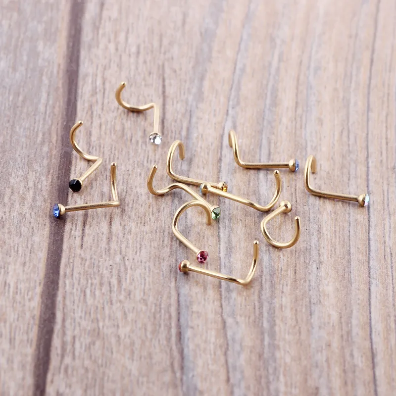 Blanda färger Rhinestone Nose Studs Skruva Ring Ben Bar Body Piercing Jewelry Gold Silver Nose Pin323s