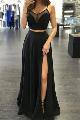 2019 Sexy due pezzi abito da ballo senza spalline collo trasparente chiffon nero abiti da sera lunghi da cerimonia con spacco alto