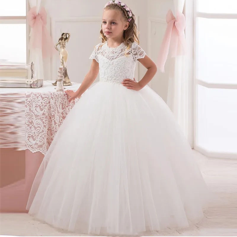 2020 White Lace Ball Gown Flower Girl Dress for Wedding Princess Girls Pageant Dress Short Sleeve Kids Vestidos de Comunion