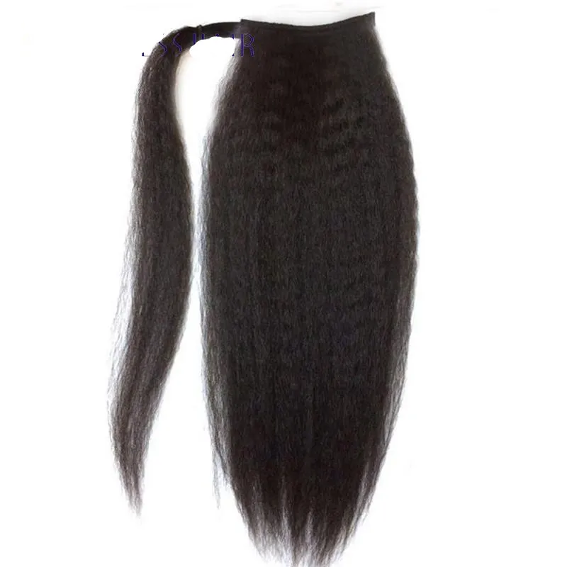 Brasiliansk Kinky Straight Yaki Mänskliga hår Ponytail Extensions Naturlig Svart 10-20inch 14 