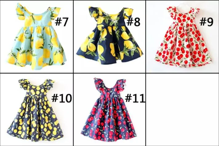 11 designer körsbär citron bomull baklöst tjejer blommig strand klänning söt baby sommar backless halter dress barn vintage blomma klänning