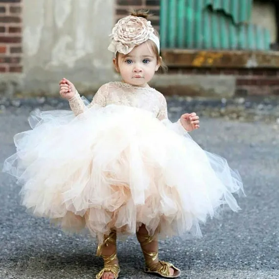 Lovely Puffy Tulle Ball Gown Flower Girl Dress Jewel Lace Long Sleeves Baby Communion Dress Girls Formal Dress For Weddings Christening Dres
