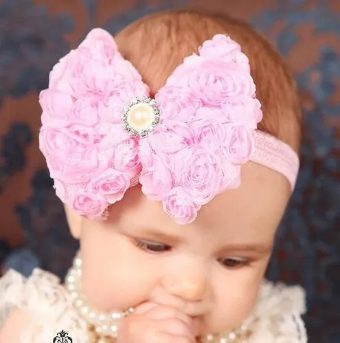 Meninas do bebê Macio Chiffon Rose Flor Big Bow Strass Headband atacado YH413