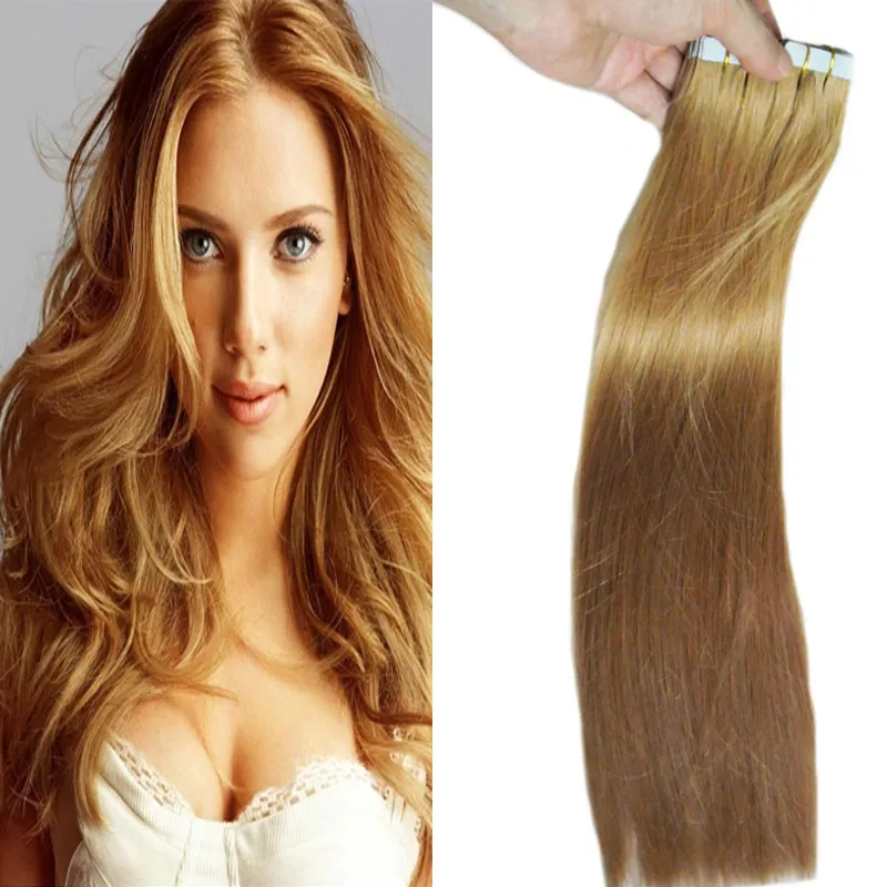 Brasiliansk Virgin Hair Honey Blonde Rak 100g 40st / Lot Hud Weft Seamless Hair Extensions Tape In Human Hair Extensions