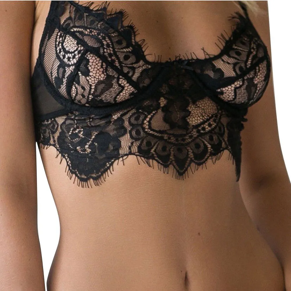 1PC Women Lace Unlined Bralette Triangle Bra Wireless Brassiere Cute Crop Top Black Sexy Intimate Sheer Frenum Strap Underwear