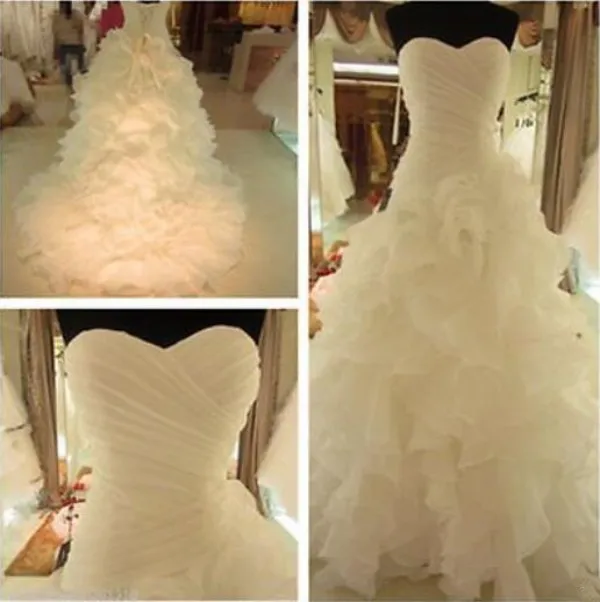 Real Image Wedding Dresses High Quality Ruched Top Sweetheart Neck Sleeveless Ruffles Skirt Lace-up Corset Back Organza Bridal Gowns Custom