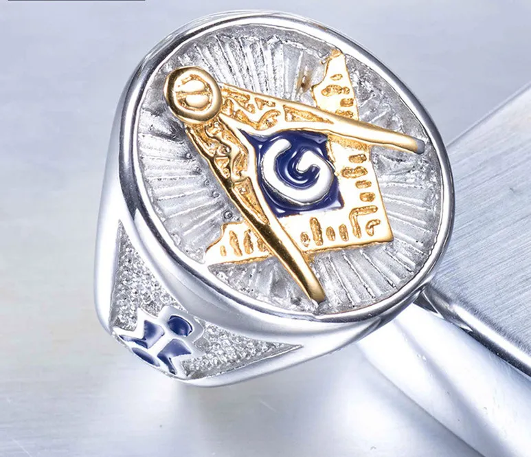 New Gold Silver Masonic Ring Stainless Steel Blue Enamel Freemason Jewelry Free mason Signet Ring jewel for men Wholesale