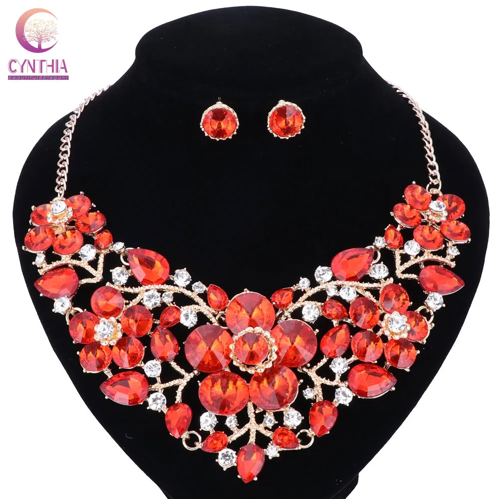 Women Fashion Statement Necklace earrings sets Bridal Wedding Party Necklace Flower Type Golden Plated Crystal Jewelry Sets