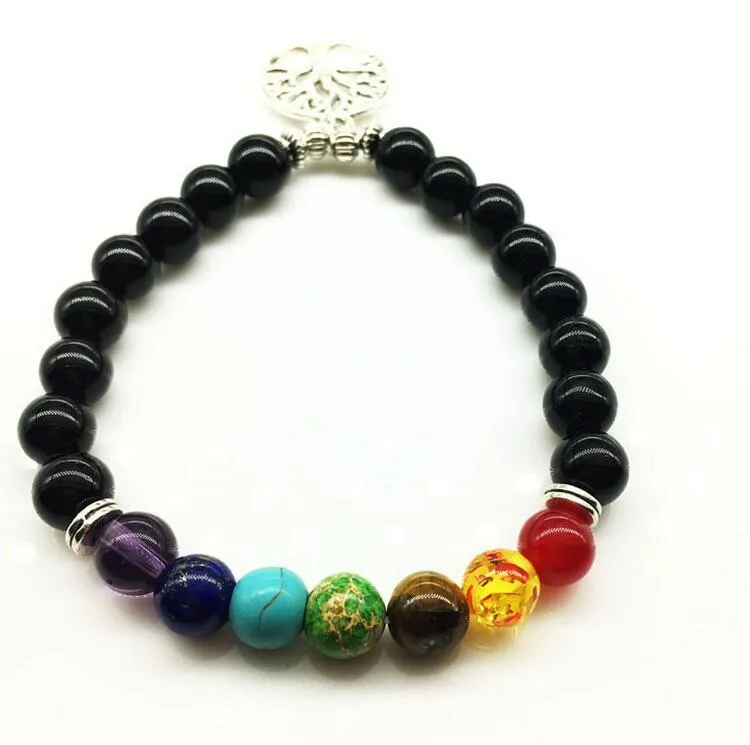 Neue 7 Chakra Armband Männer Schwarz Lava Healing Balance Perlen Reiki Baum des Lebens Gebet Naturstein Yoga Armband Für frauen