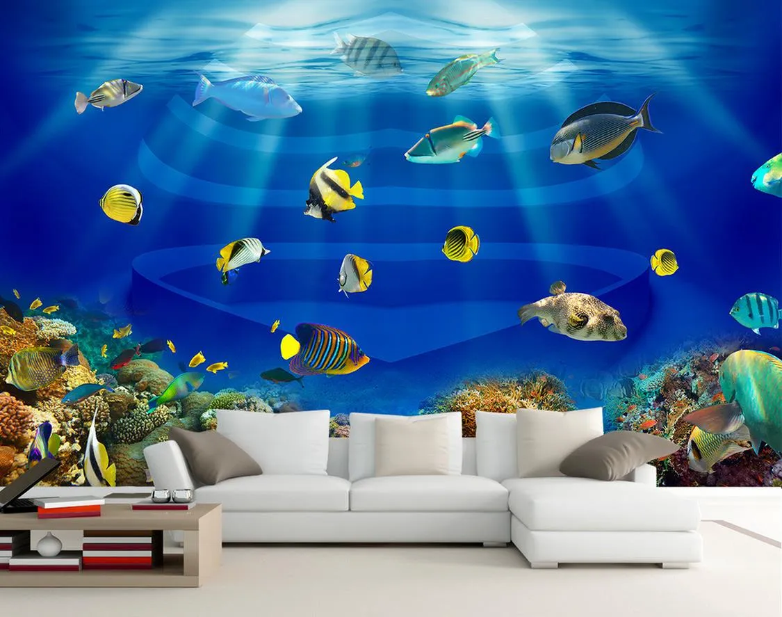 Ocean world heart shaped fish tank Tropical fish 3D stereo TV mural 3d wallpaper 3d wall papers for tv backdrop