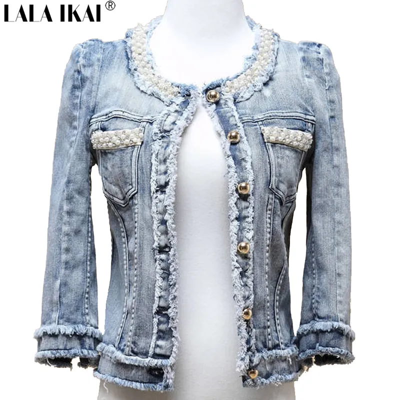 Vente en gros- Femmes Perle Veste Distressed Short Denim Manteau Fringe Jeans Veste Femme Perles Denim Vestes Survêtement TOP354 -5