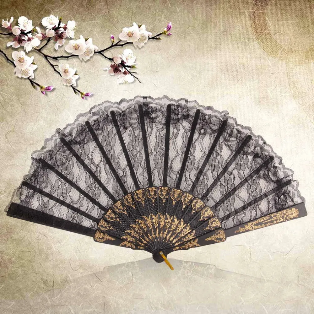 Vintage Fancy Dress Costume Chinese Costume Party Wedding Dancing Folding Lace Hand Fan Black2925164