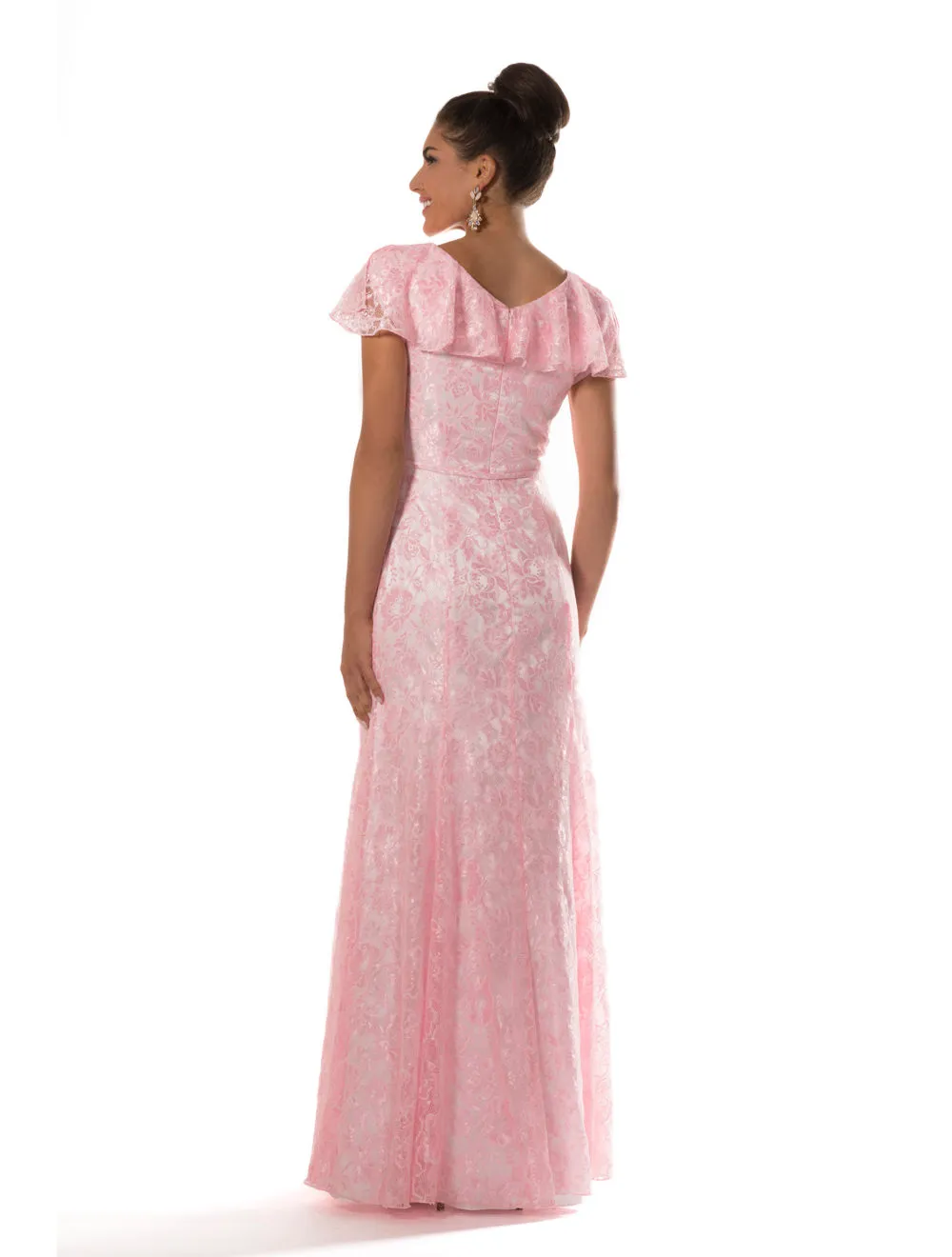 Vestidos de dama de honra modestos de laço cor-de-rosa com mangas vintage vintage vintage vestidos festa de casamento feitos sob encomenda