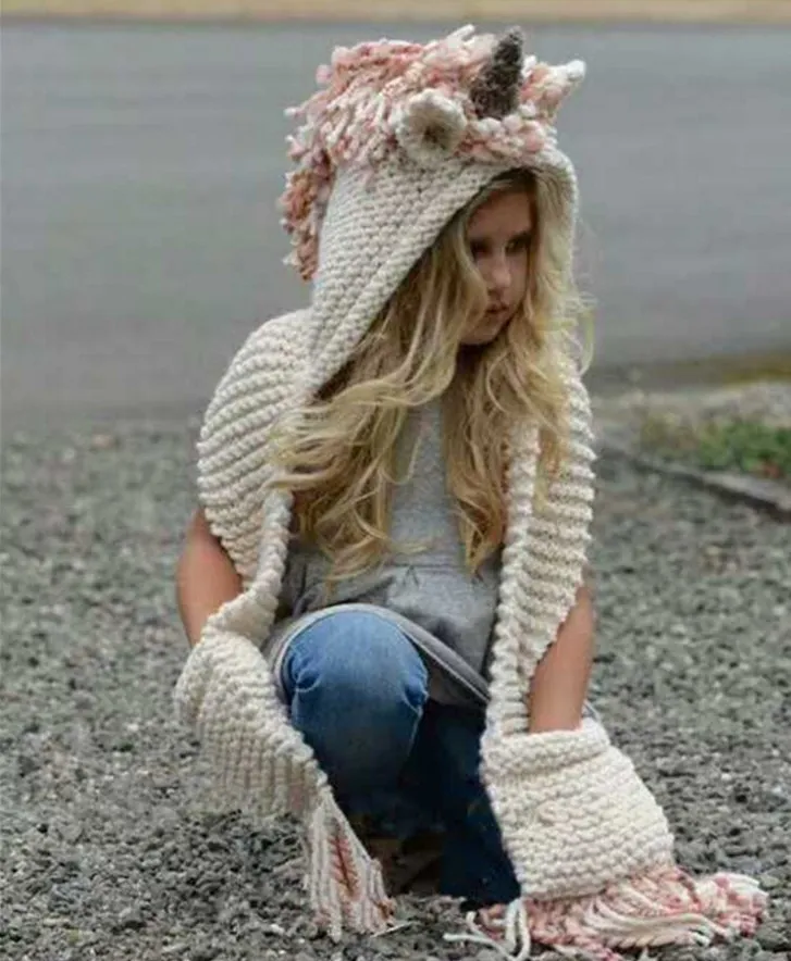 18 Wzory Nowy Crochet Cartoon Animal Horn Winter Hat z szalikiem Kapturem Knitting Beanie Cosplay Fotografia Prop Darmowa Wysyłka