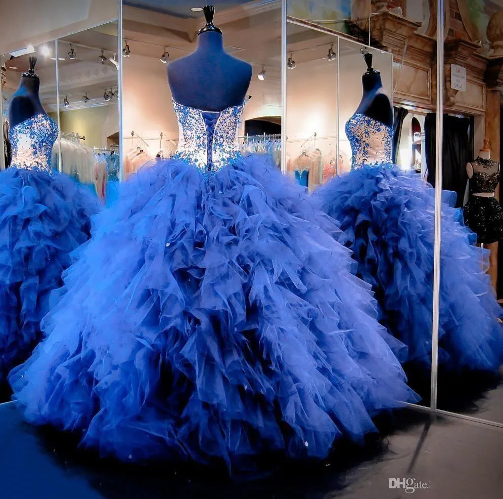 Robes de Quinceanera robe de bal bleu royal en ligne avec des volants en cascade Tulle chérie filles robes de reconstitution historique pour les adolescents robe de bal en couches