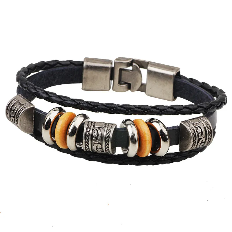 Mulheres Meninas Pulseira Masculina Do Punk Contas De Couro Encantos Pulseira Hip-hop Multilayer Trançado Envoltório Pulseira de Tecido Pulseira Para Homens Jóias Casuais