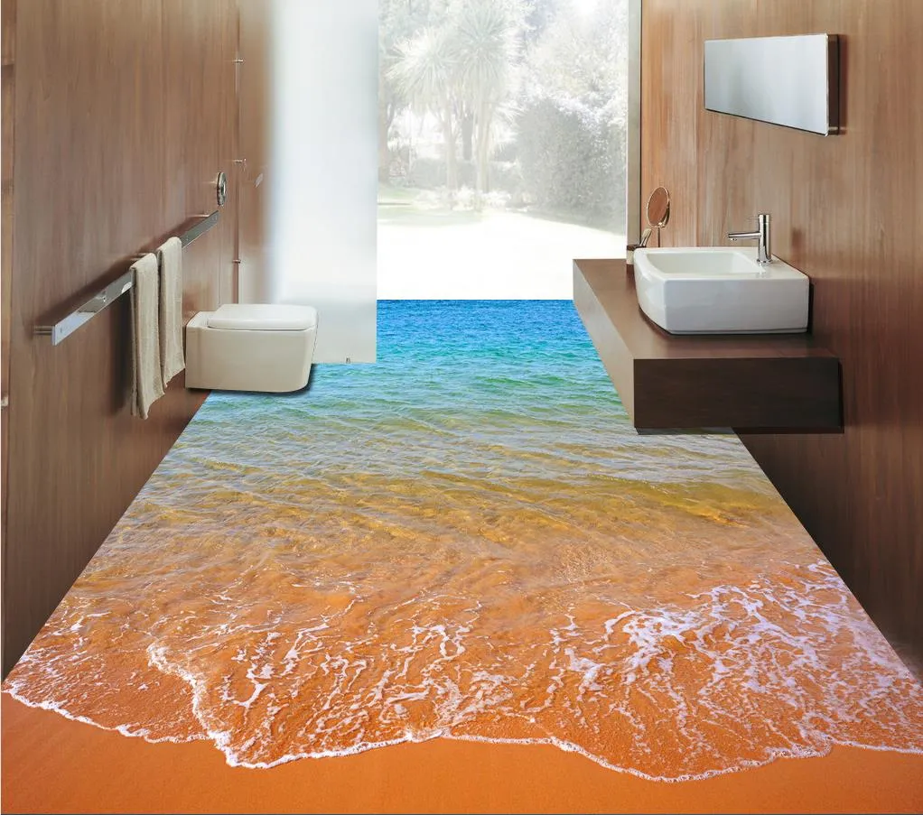 Top Praia Estilo Europeu 3D clássico ondas chão do banheiro 3D pintar papel de parede para o banheiro à prova d'água