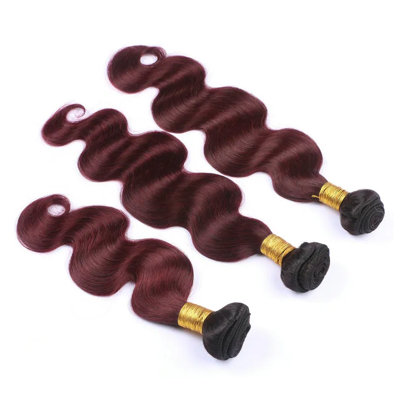 Top Qualité 1B / 99J Vin Rouge Ombre Dentelle Frontale 13x4 Avec Tissages Ondulés Noir et Bourgogne Ombre Péruvienne Vierge Cheveux 3Bundles Avec Frontal