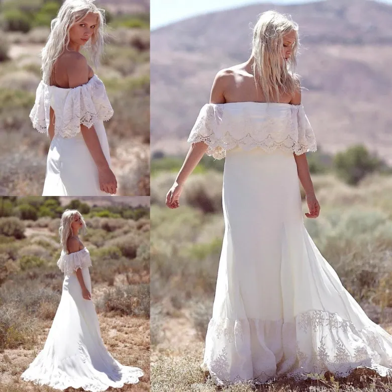 Online Summer Beach Bohemian Lace Wedding Dresses Vestidos De Noiva Off the Shoulder Chiffon Long Country Wedding Gowns BA4738