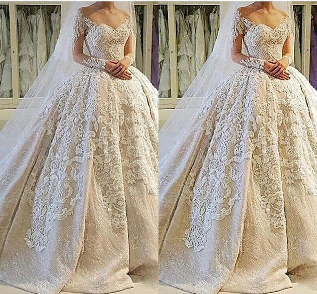 USA Canada Vintage robe de bal robes de mariée 2k17 Illusion décolleté pure 3D Appliques manches longues robe de mariée robes de mariée personnalisées