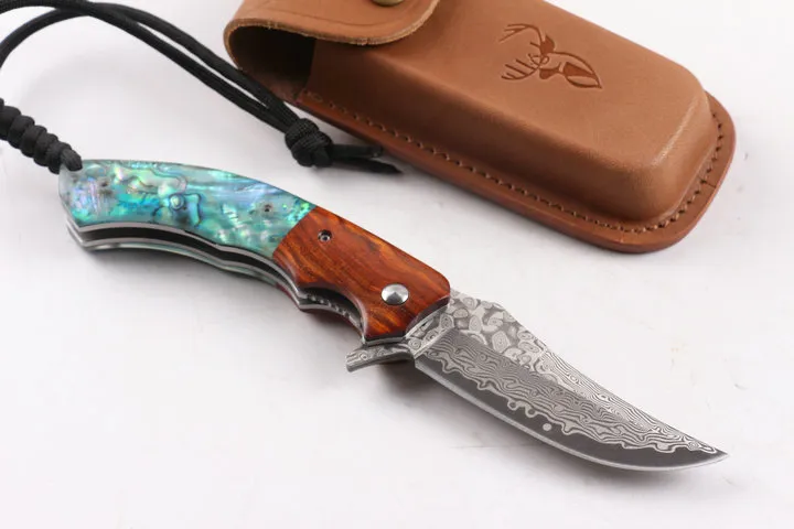 Высокое качество VG10 Damascus Flipper складной нож 58HRC Кислотная ветвь дерева + abalone оболочка ручка EDC карманные ножи подарочные ножи рождественские подарок