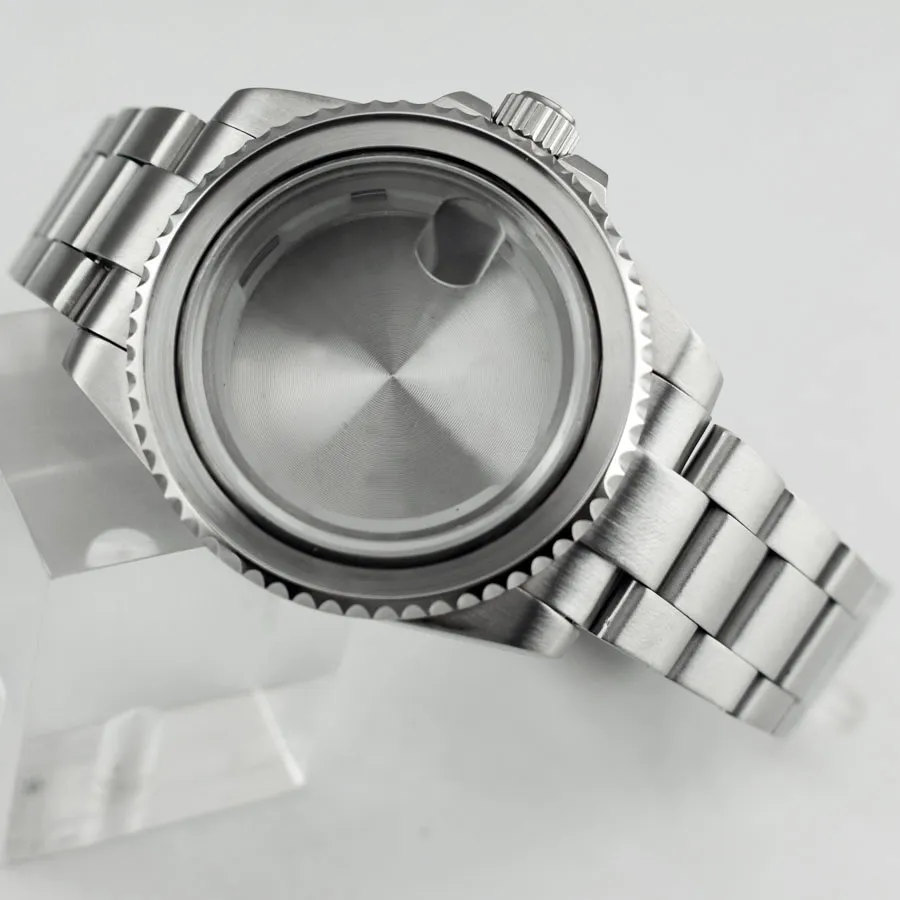 40mm safirglasfodral för ETA 2836 Mingzhu 2813 3804 Miyota 82 Silver rostfritt stålklocka för mensklocka p620306g