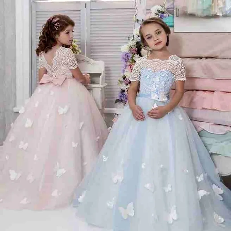 Hermosa mariposa Vestido para niñas de flores Cuello cuadrado Apliques de encaje Arco Manga corta Vestidos para niñas Vestidos hasta el suelo Precioso vestido de cumpleaños