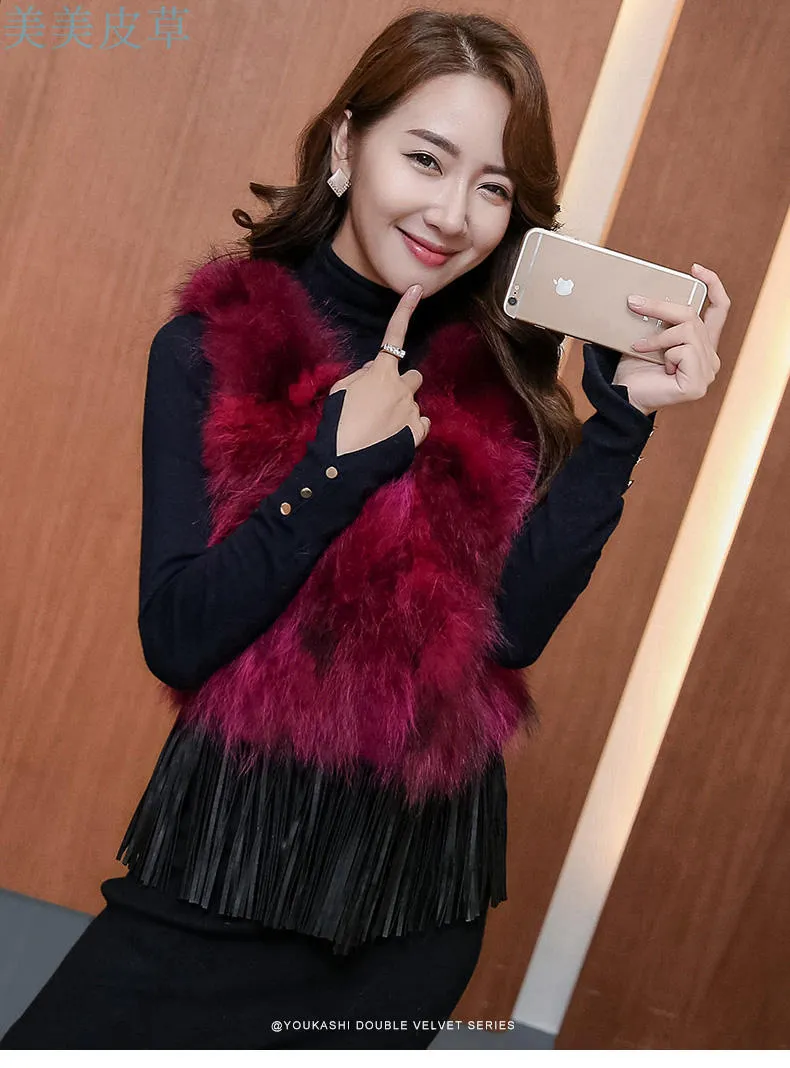 New autumn winter fashion women's sleeveless real natural raccoon fur short vest PU leather tassel bottom fashion vest coat casacos