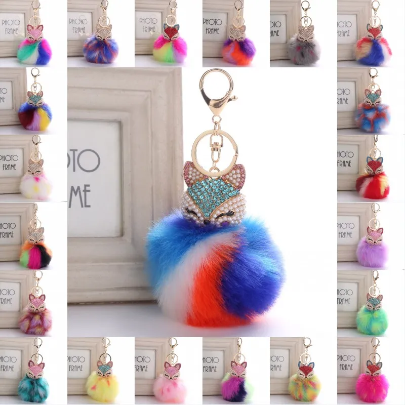 Cute Animal Pompom Key Pierścionki Biżuteria Dla Kobiet Futro Ball Rhinestone Brelok Torba Samochód Brelok Puszyste Keyfobs Uchwyt Party Prezent Kimter-B763S