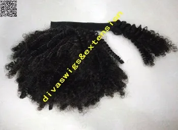 Clip parrucchino a coda di cavallo ricci crespi con coulisse in nero naturale coda di cavallo mongola vergine estensioni dei capelli coda di cavallo afro da 10-20 pollici