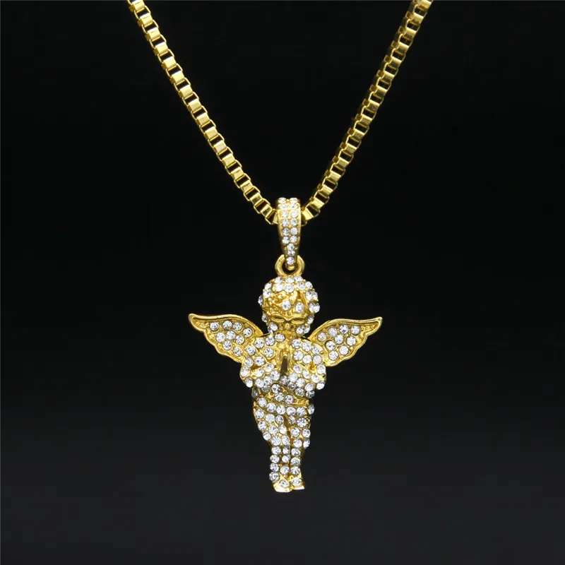 Men Hip hop Jewelry Long Rope Chain Iced Out Full Rhinestone Angel With Square Red 3 layers Pendant Necklace Set256k3102586